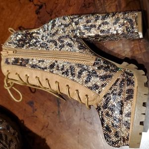 NEW  Wild Diva Gold Leopard Rhinestone High Heel Platform Ankle Boots  NWT